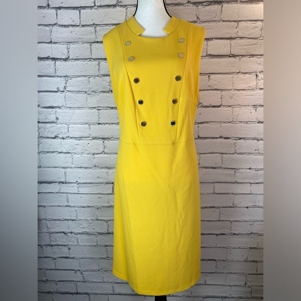 Tommy Hilfiger Yellow Mock Neck Sleeveless Dress Gold Buttons Modern 20W NWT - Picture 10 of 15